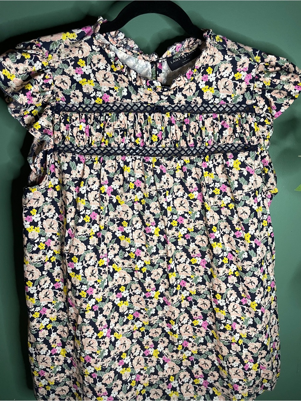 Lane Bryant Floral Smocked Yoke Navy Blouse with Pink,Yellow, Green Accents